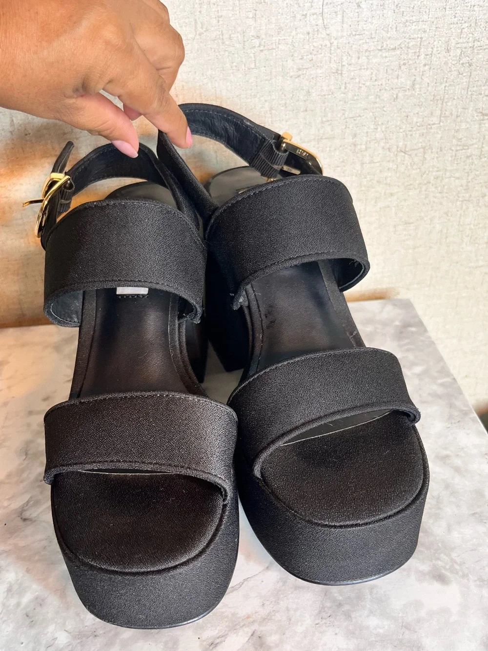 Steve Madden Black Platform Block Heel Sandals with Gold Buckle